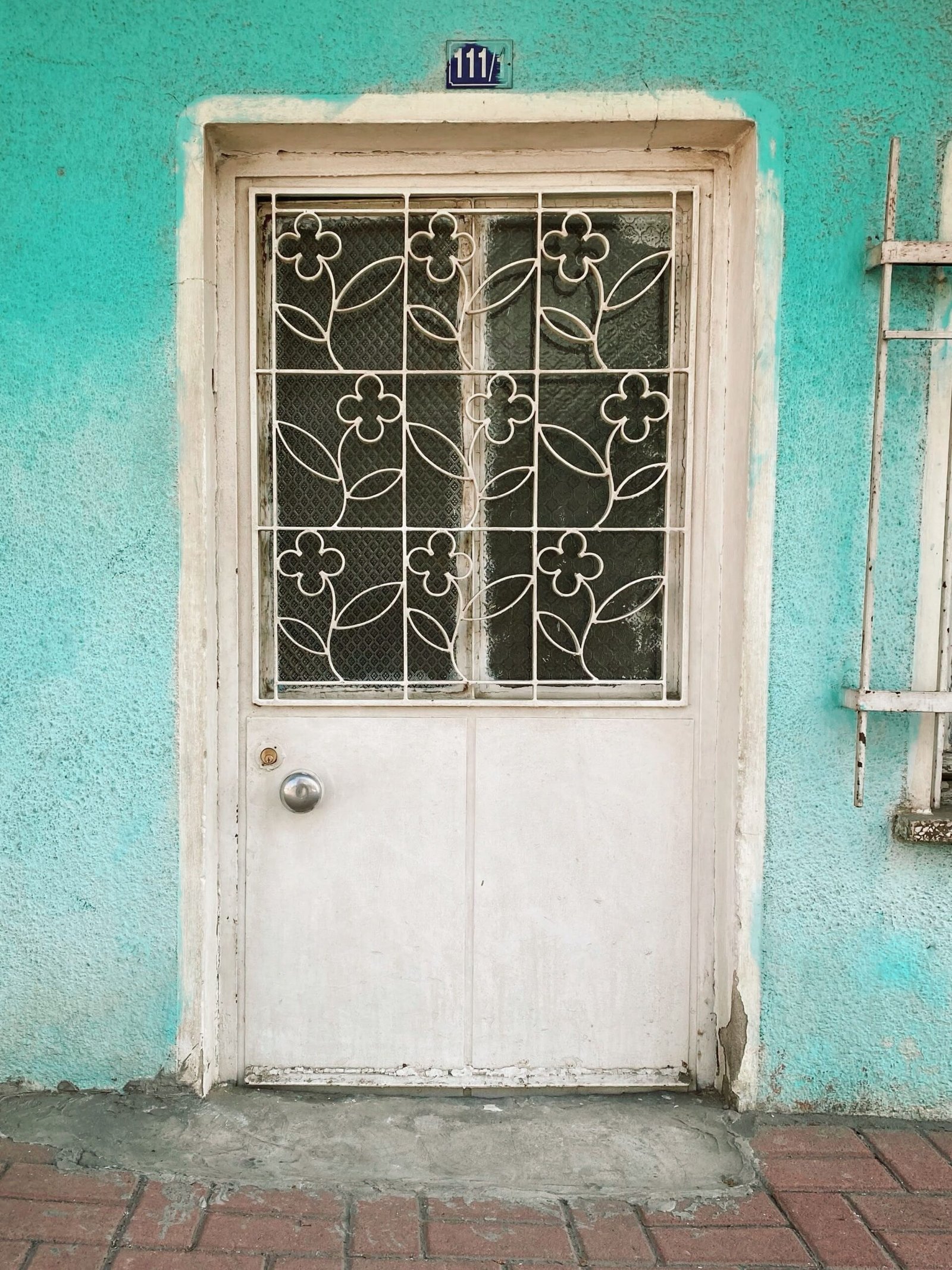 Door with a decorative metal security grille